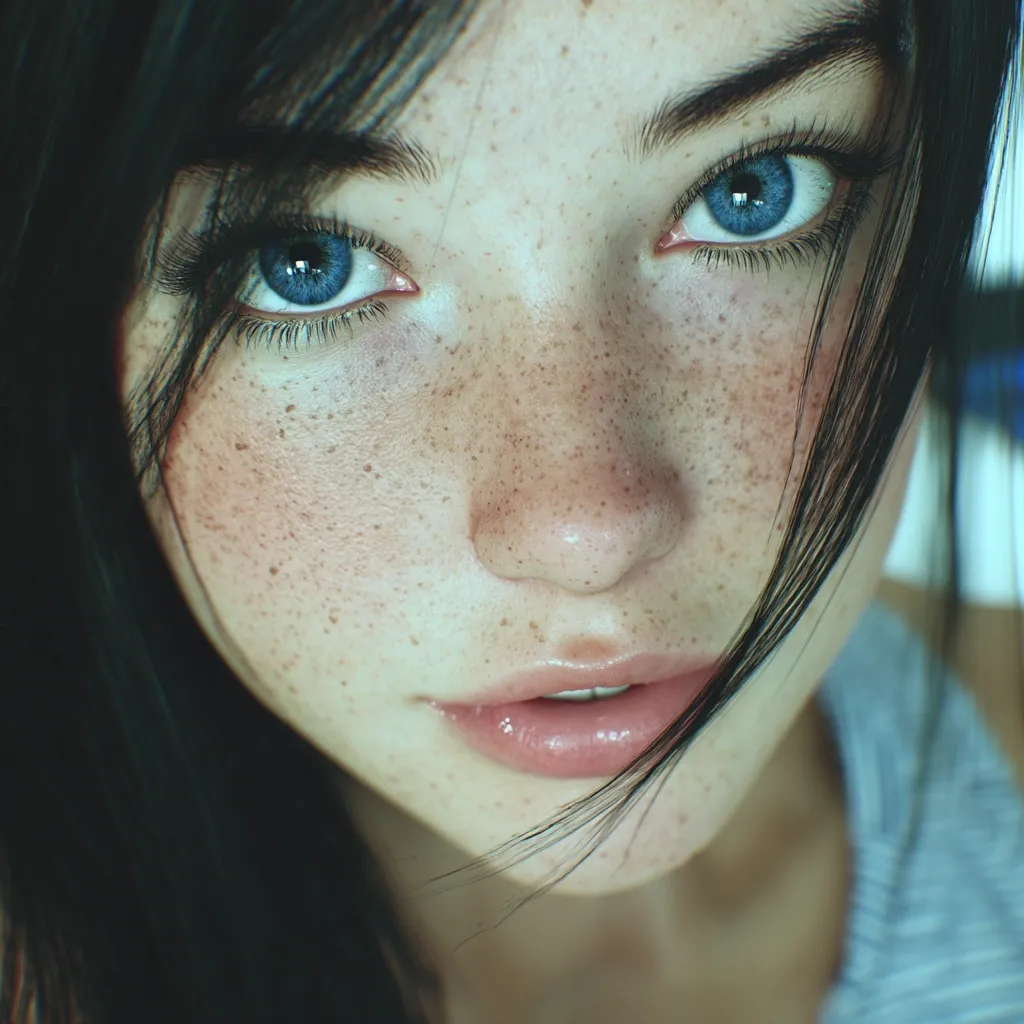 Close-up view of a digitally rendered female face.  The subject has long, dark hair, striking blue eyes, and numerous freckles across her nose and cheeks.  Her expression is soft and inviting, with slightly parted lips.  The image is highly detailed, emphasizing realistic skin texture and subtle lighting. The overall aesthetic is dreamy and ethereal.