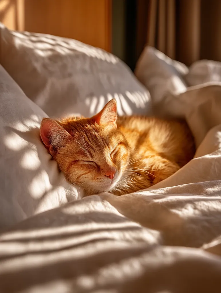 A ginger cat peacefully sleeps nestled in a bed of white linens.  Sunlight streams through a window, casting gentle shadows across the soft bedding. The cat's eyes are closed, and its fur appears smooth and warm.  The overall scene is one of calm and serenity.