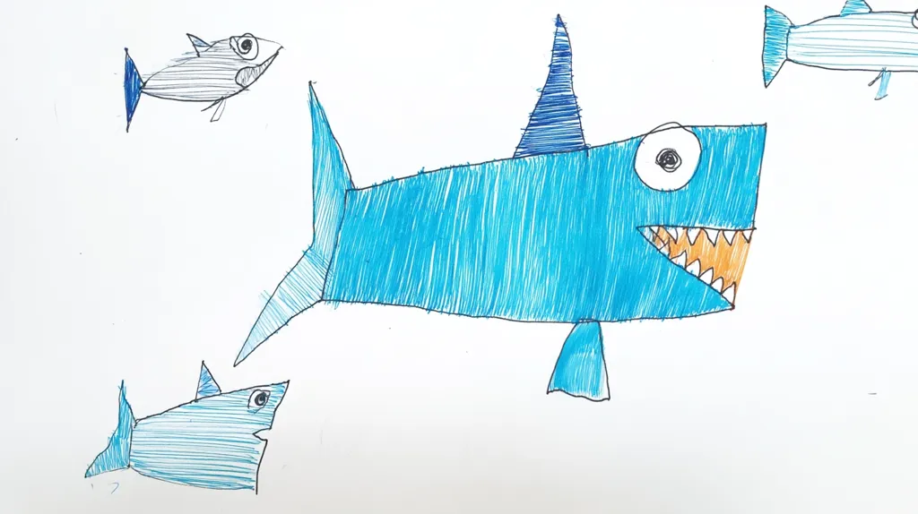 A child's drawing depicts a large blue shark with a pointed fin and orange teeth, surrounded by smaller, simpler fish. The shark's body is filled with blue hatch lines, and its single eye is large and round.  The smaller fish are drawn with similar hatch marks, but in shades of gray and light blue. The overall style is naive and charming.