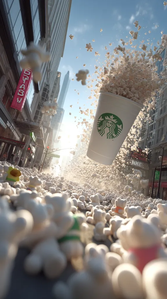 A Starbucks cup overflowing with popcorn spills onto a city street, blanketing the ground in a sea of fluffy white popcorn.  The cup, slightly tilted, is mid-air, with popcorn exploding outwards in a dynamic burst.  The background features tall city buildings under a bright, sunny sky, creating a surreal and whimsical scene.