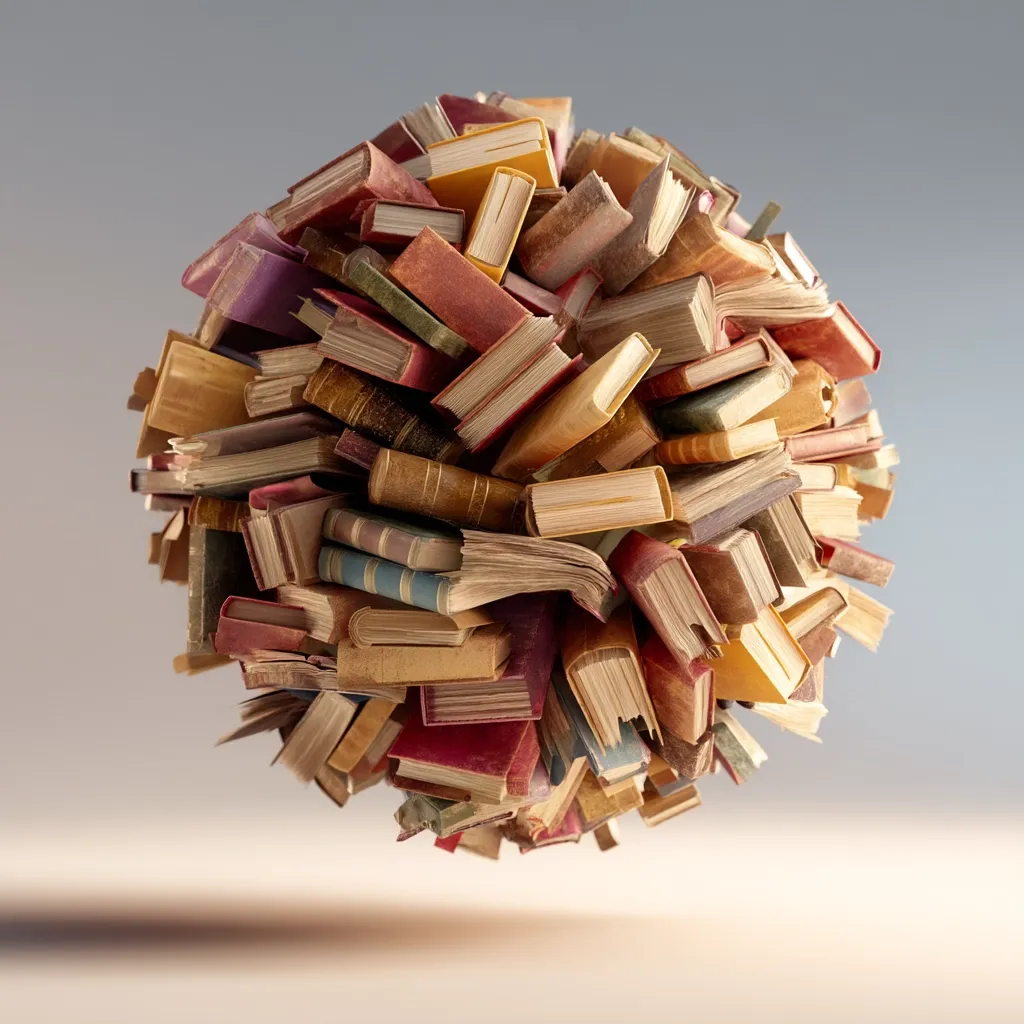 A sphere formed entirely of countless books, tightly packed together.  The books are of varying sizes, colors, and apparent ages, suggesting a vast and diverse collection of literature.  The image evokes a sense of knowledge, history, and the power of storytelling contained within the pages.  The books appear worn and aged, lending a feeling of classic literature and accumulated wisdom.