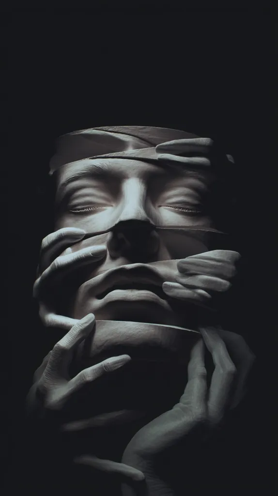 A monochromatic close-up reveals a sculpted face, seemingly bound by numerous hands.  The eyes are closed, suggesting serenity or perhaps confinement. The hands, rendered in the same stone-like material, envelop the face, creating a feeling of both vulnerability and restraint within a dark, shadowy background.  The overall effect is one of mystery and emotional depth.