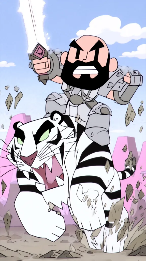 A cartoon depiction of a bald, bearded warrior, clad in armor, rides a ferocious white tiger. He wields a glowing sword, and the tiger's powerful strides shatter the ground beneath them. The style is exaggerated and bold, with stark contrasts and dynamic action lines. The background suggests a desolate, rocky landscape.  The scene exudes power and aggression.