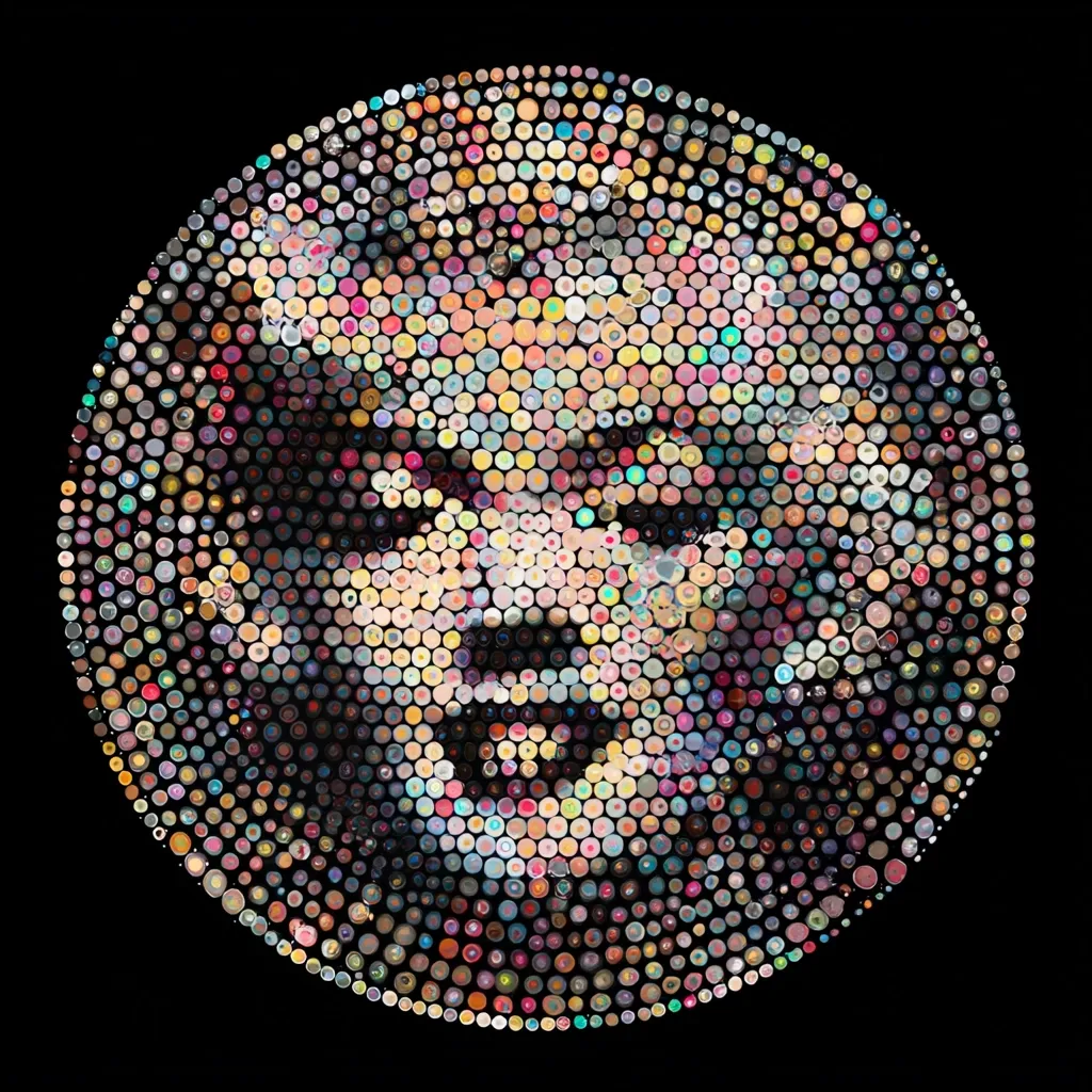A circular mosaic portrait depicts a stylized face, possibly inspired by a horror movie character.  The image is composed of numerous small, multicolored dots, creating a pointillist effect. The face is expressive, with wide, intense eyes and an open mouth, suggesting a scream or grimace. The dark background contrasts with the vibrant colors of the mosaic, making the face the focal point.  The overall impression is one of both beauty and unease.