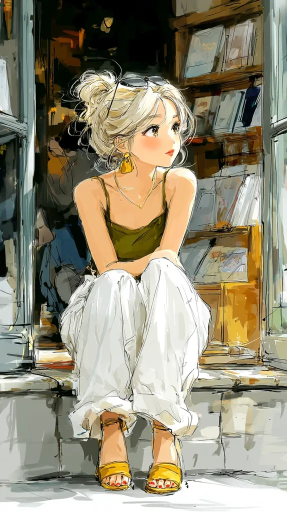 A young woman with blonde hair in a bun sits on a windowsill, wearing a green tank top and white pants.  She's adorned with gold earrings and a necklace, and yellow sandals. The setting appears to be a bookstore, with shelves filled with books visible behind her. The style is anime-inspired, with soft, painterly brushstrokes.  She gazes pensively, creating a calm and serene mood.