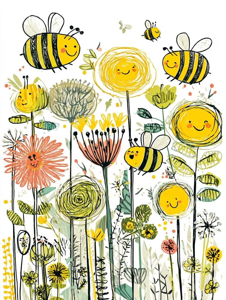 A cheerful illustration features numerous cartoon bees buzzing amidst a vibrant garden.  Stylized flowers in yellow, orange, and green bloom, their whimsical designs complementing the playful bees. The overall style is childlike and bright, evoking feelings of springtime joy and nature's beauty.  Small details like leaves and stems add to the whimsical garden scene.