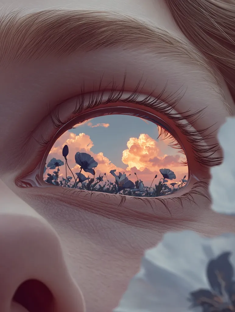 A close-up of an eye reveals a surreal landscape reflected in the pupil.  A field of delicate, purplish-blue flowers stretches to a sunset sky filled with soft, pink and orange clouds. The eye's details are meticulously rendered, contrasting with the dreamlike scene within, blurring the boundaries between reality and imagination.  The surrounding skin is smooth, enhancing the otherworldly quality of the image.