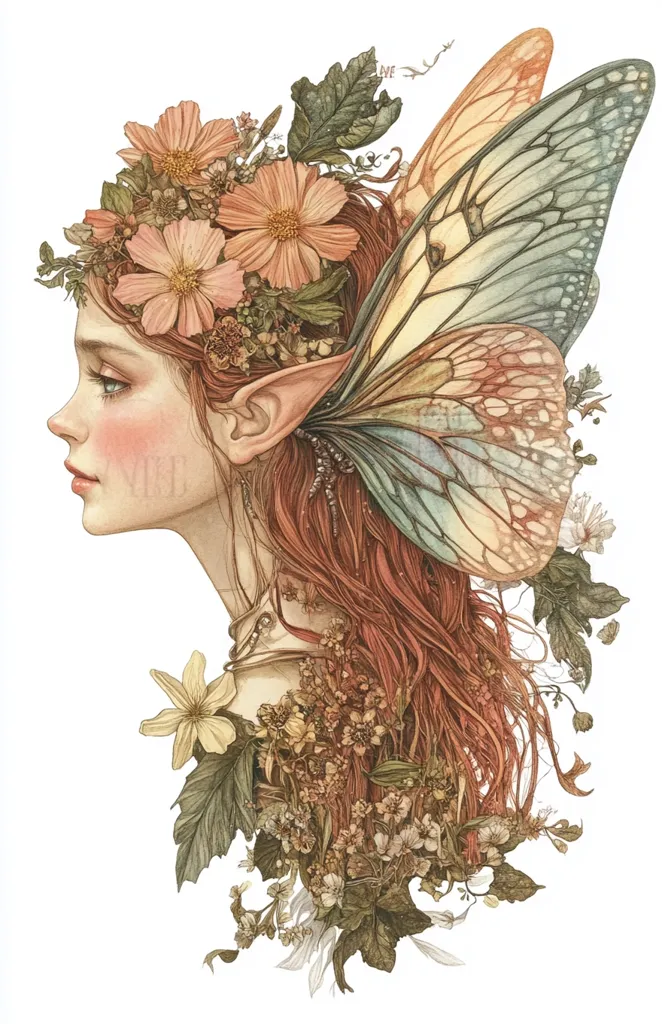 A profile portrait of a whimsical fairy with pointed ears, adorned with a crown of delicate peach-colored flowers. Her flowing auburn hair blends seamlessly with intricate botanical elements.  Large, intricately detailed butterfly wings extend from her hair, completing the ethereal, nature-inspired image. The artwork is rendered in soft, muted tones, emphasizing a sense of grace and fantasy.