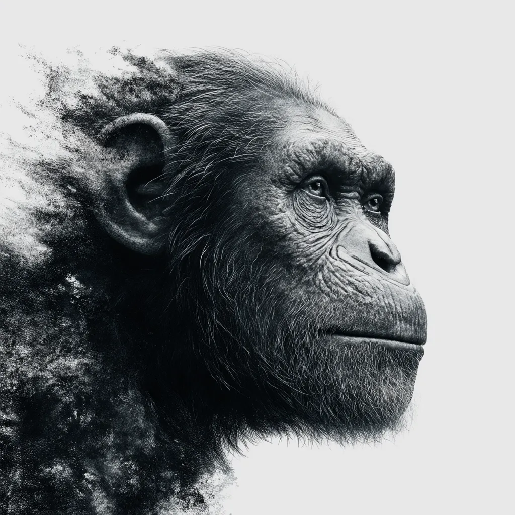 A monochromatic profile portrait of a chimpanzee, rendered in a style that suggests the subject is dissolving into dust or ash.  The ape's expressive face, with its wrinkles and fur, is sharply detailed, contrasting with the blurry, ethereal effect around its body. The image evokes themes of time, mortality, and the fragility of life.