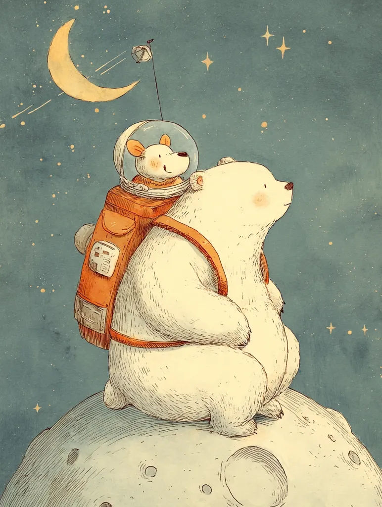 A heartwarming illustration depicts a polar bear and a small dog in an astronaut helmet, perched atop a moon-like celestial body.  The bear carries an orange backpack, and they gaze out at a crescent moon and starry night sky.  The style is whimsical and charming, suggesting a peaceful, adventurous journey through space.  The soft color palette and gentle lines create a serene and dreamy atmosphere.