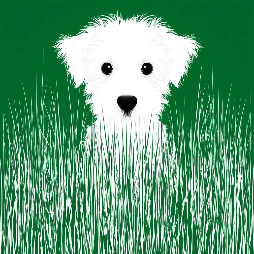 A white, fluffy dog, possibly a Maltese or similar breed, peeks from tall green grass.  Only its head and shoulders are visible, its dark eyes and nose contrasting against its bright white fur. The stylized grass blades create a textured background against the solid green backdrop. The image is simple yet charming, suggesting a playful, hidden dog.