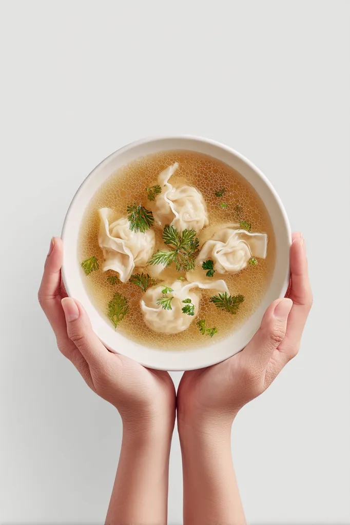 A pair of hands gently cradles a bowl of steaming wonton soup.  Four delicate wontons float in a light broth, garnished with fresh cilantro. The scene is minimalist, with a clean white background emphasizing the warmth and simplicity of the dish.  The image evokes feelings of comfort and deliciousness.