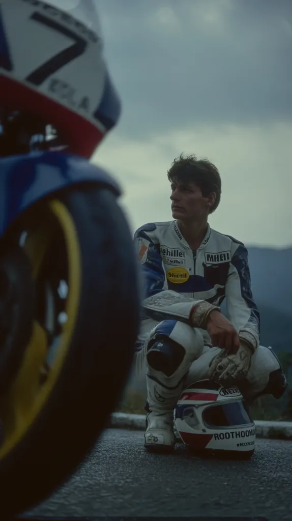 A motorcyclist, clad in a white and blue racing suit adorned with sponsor logos, sits beside his motorcycle.  He holds his helmet, a white, red, and blue design, on the ground. The number 7 is visible on the blurred motorcycle in the background, suggesting a racing context. The atmosphere is contemplative, with a cloudy sky overhead.