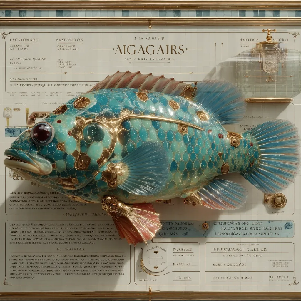 A meticulously detailed, steampunk-style fish, predominantly teal and gold, is presented on a descriptive board.  The fish appears crafted from intricately assembled components, showcasing a blend of organic and mechanical elements.  The board features an array of text and diagrams, possibly specifications or a history of the creation.  The overall aesthetic is one of intricate artistry and imagined technological advancement.