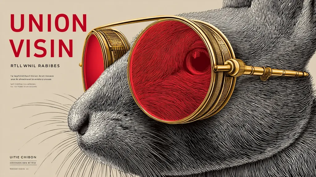 A stylized illustration features a close-up of a rabbit's face, wearing large, round, red-lensed goggles with gold frames.  The title "UNION VISIN" is prominently displayed above, with smaller text below, possibly a title and author.  The image is detailed, using ink or pen-and-ink style, creating a vintage or steampunk aesthetic.