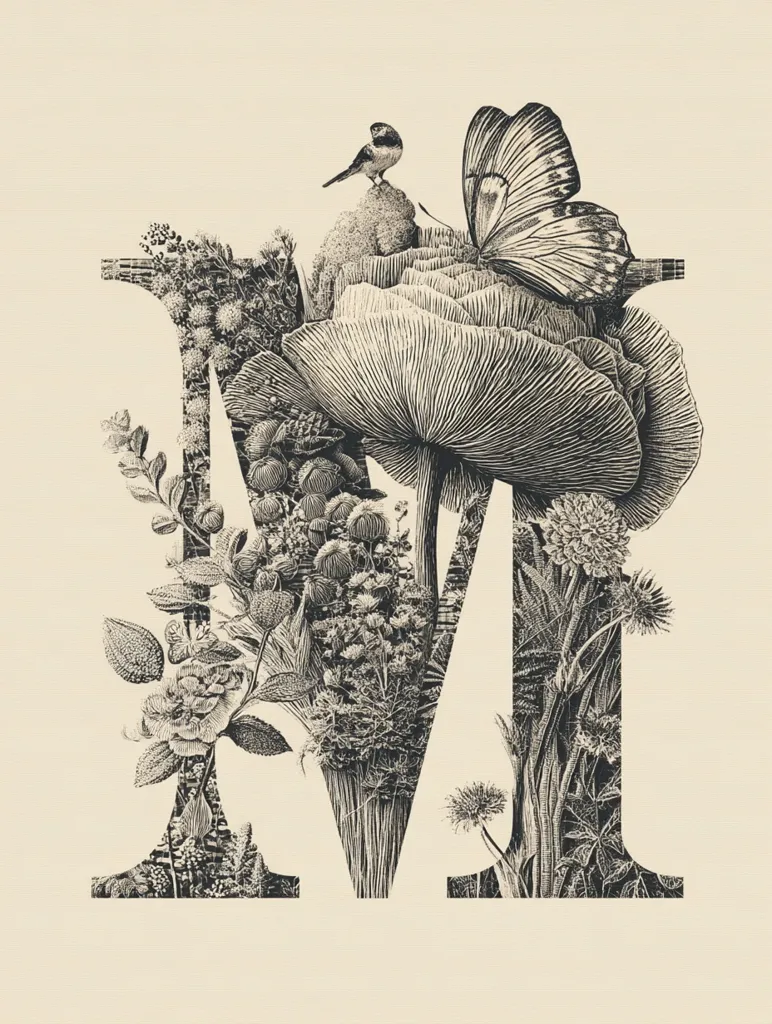 A black and white illustration of the letter "M" intricately formed from a variety of botanical elements.  Flowers, leaves, grasses, a small bird, and a butterfly are densely arranged to create the letter's shape, resembling a detailed, vintage botanical print or engraving. The style is reminiscent of antique natural history illustrations.