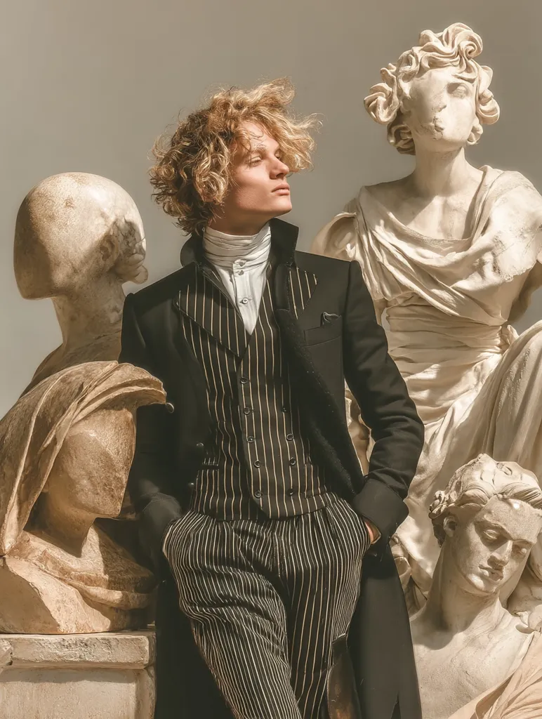 A young man with curly blond hair, dressed in a stylish black coat and pinstripe waistcoat, stands thoughtfully amidst classical sculptures. The statues, in varying poses and styles, create a backdrop of timeless elegance. The scene is bathed in soft, diffused light, emphasizing the textures of both the clothing and the stone. The overall aesthetic is one of refined sophistication, blending modern fashion with historical art.