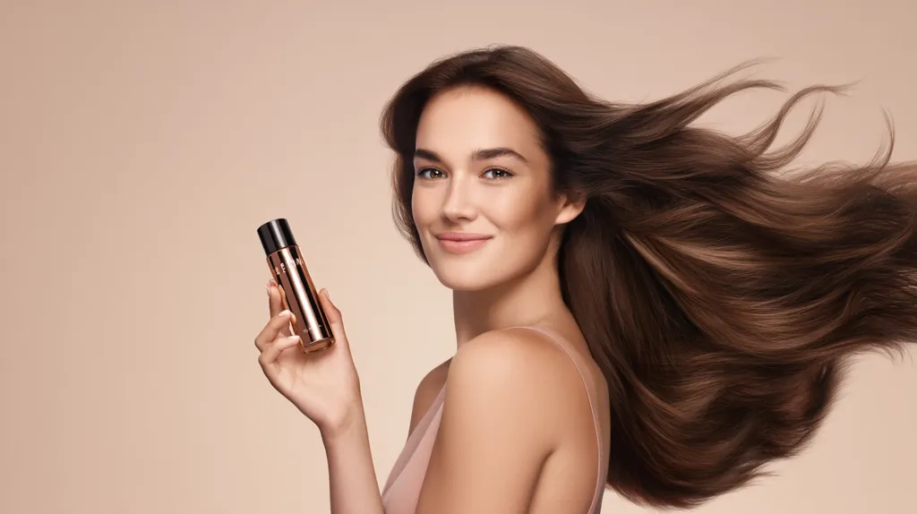 A young woman with long, flowing brown hair smiles while holding a rose gold and black bottle.  Her skin is radiant and makeup is minimal, enhancing her natural beauty. The image suggests a hair or beauty product advertisement, focusing on healthy hair and a luxurious aesthetic. The background is a soft, neutral beige.