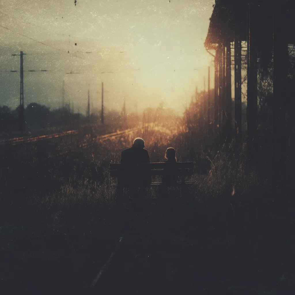 Silhouetted figures of an elderly person and a child sit on a bench, facing away from the viewer. The setting sun casts a warm glow, illuminating the scene with a hazy, nostalgic feel.  They are seated beside railroad tracks, suggesting a journey or a moment of quiet reflection. The overall atmosphere is somber and contemplative.