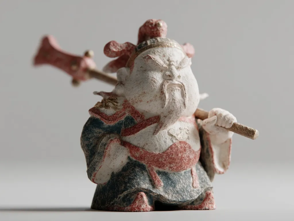 A meticulously crafted figurine depicts a stout, stylized figure resembling a Chinese deity or guardian.  The figure is predominantly off-white, accented with reddish-brown and teal detailing on its robes.  It holds a staff over its shoulder, its expression stern yet somewhat comical. The textured surface gives the impression of aged stone or clay, adding to its antique charm.