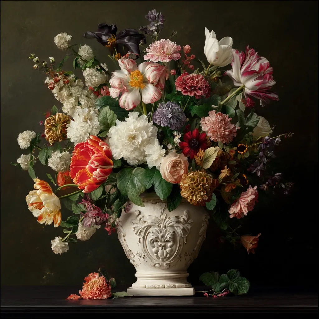 A lavish still life showcases a bountiful bouquet in an ornate white vase.  The arrangement bursts with vibrant colors and textures, featuring tulips, roses, peonies, and other blooms.  The dark background accentuates the flowers' richness, creating a dramatic and elegant composition reminiscent of classic Dutch Masters. A single, smaller bloom rests on the dark surface below.