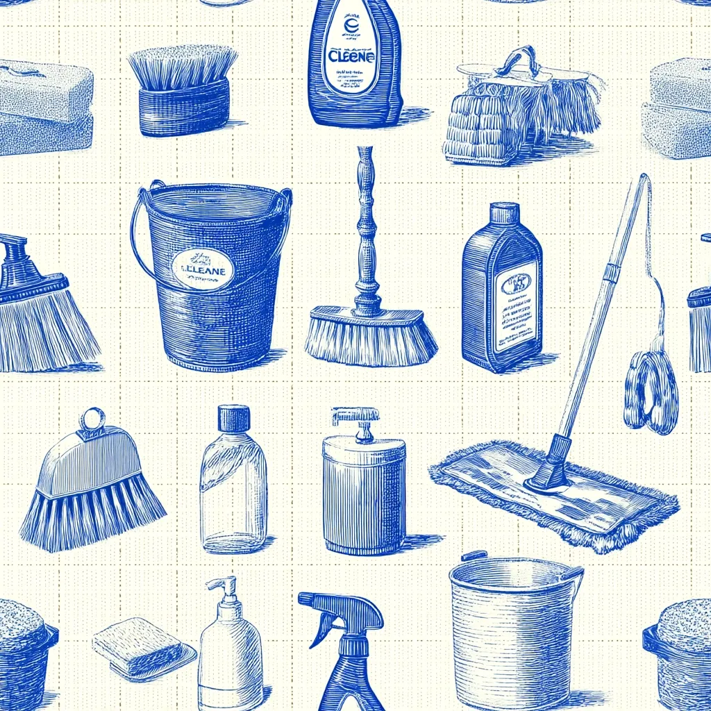 A seamless pattern showcases a delightful collection of vintage cleaning supplies, meticulously rendered in blue ink.  The design includes brushes, buckets, sponges, bottles, mops, and other cleaning tools, arranged on a gridded background.  The style evokes a nostalgic feeling, suggesting a charming and efficient approach to household chores.  The repeated pattern is perfect for various applications like fabric, wallpaper, or wrapping paper.