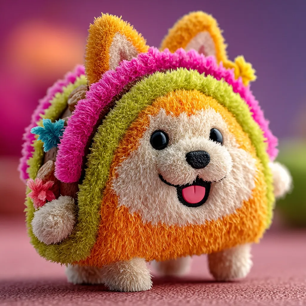 A cute, fluffy, orange corgi-like plush toy is depicted.  It's dressed as a vibrant taco, adorned with pink, green, and yellow fuzzy trim and small colorful flower accents.  The toy's cheerful expression and soft texture create a playful and endearing image.  The background is a blurred purple, focusing attention on the adorable taco-corgo.