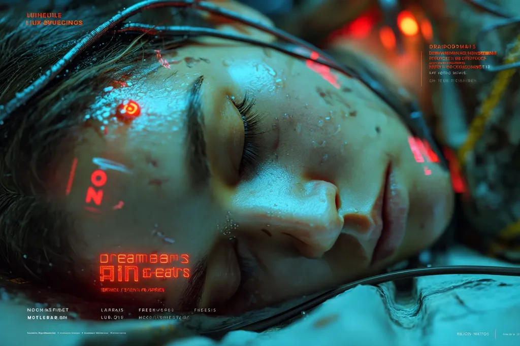 A cyberpunk-style image depicts a person's face, seemingly augmented with technology, lying on a surface. Wires and glowing red elements are intertwined with their features.  The title "Dreambam's Ain Tears" is prominently displayed, along with other text suggesting artist credits or technical information. The overall aesthetic is dark, futuristic, and slightly unsettling.