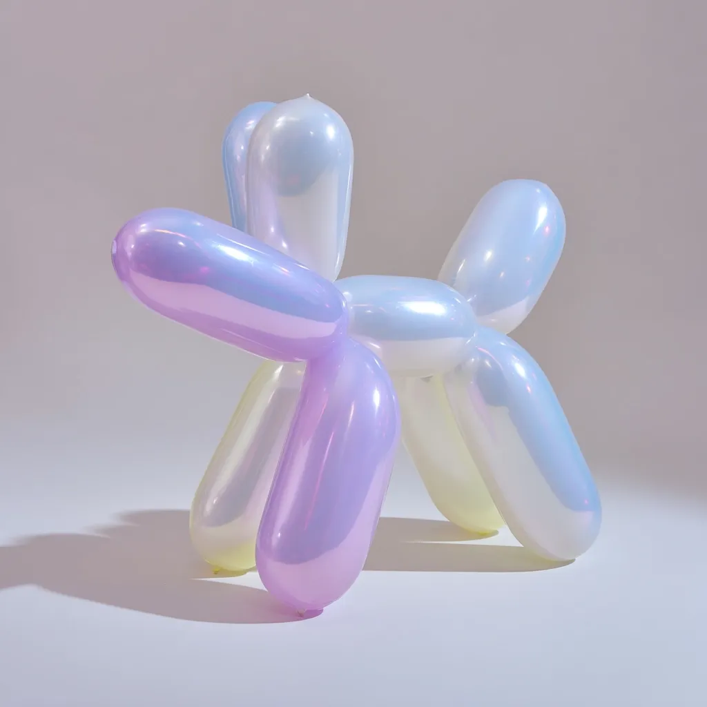 A pastel-colored balloon animal, shaped like a dog, sits on a light gray surface.  The balloon dog is predominantly light purple and white, with an iridescent sheen giving it a pearly appearance.  The lighting casts a soft shadow beneath the sculpture, highlighting its smooth, inflated form.