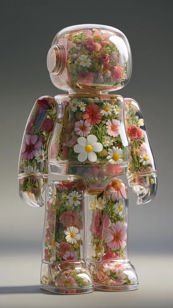 A transparent robot figurine is filled with an assortment of pressed flowers.  Pink, white, and red blossoms are densely packed within the figure's body, head, and limbs, creating a delicate and intricate floral arrangement. The clear plastic allows the flowers to be fully visible, offering a unique blend of mechanical and natural elements.  The overall effect is both whimsical and beautiful.