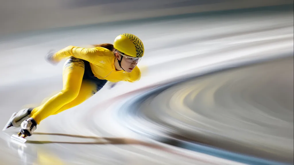 A female speed skater, clad in a vibrant yellow suit and helmet, is captured in dynamic motion on an ice rink.  The image uses motion blur to emphasize her speed and the fluidity of her movement, creating a sense of energy and athleticism. The background is blurred, drawing focus to the skater's intense concentration and powerful stride.
