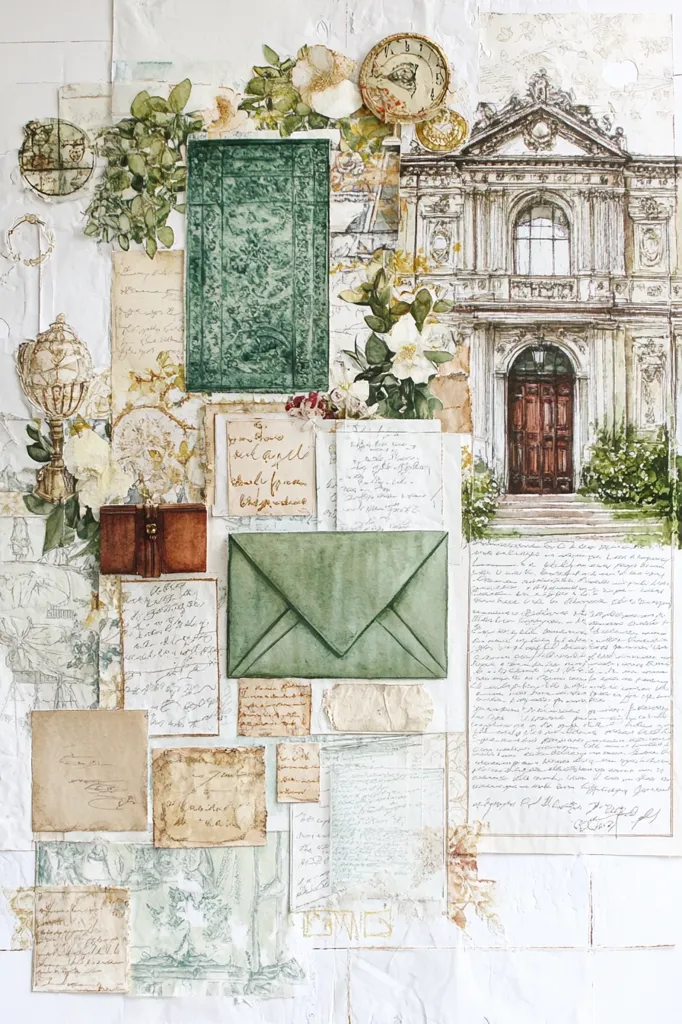 A watercolor collage evokes a vintage aesthetic.  Antique letters, envelopes, and floral elements are layered with architectural drawings, including a grand building's facade.  A muted green palette dominates, accented by browns and creams.  The composition suggests a nostalgic, perhaps romantic, narrative through its aged paper and handwritten text.  Small details like a clock and ornate box add to the overall feeling of timelessness and charm.