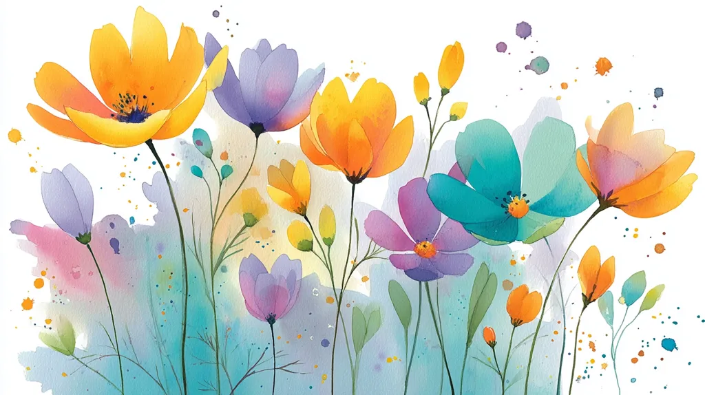 A watercolor painting showcases a vibrant array of flowers in various shades of yellow, orange, purple, and teal.  The flowers, possibly cosmos, are depicted with soft, blended colors and delicate stems, set against a light blue-green wash background.  Small, scattered paint splatters add to the whimsical and airy feel of the piece. The overall impression is one of cheerful springtime energy and delicate beauty.