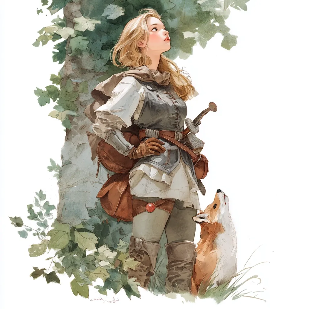 A young woman, fair-haired and clad in medieval-style attire, stands gazing upward.  She wears a grey jerkin, brown leather boots, and carries a sword and satchel.  A small fox sits attentively at her side, nestled in the grass. The scene is rendered in a soft, watercolor style, with lush green foliage behind her, suggesting a woodland setting.  The overall mood is peaceful and contemplative.