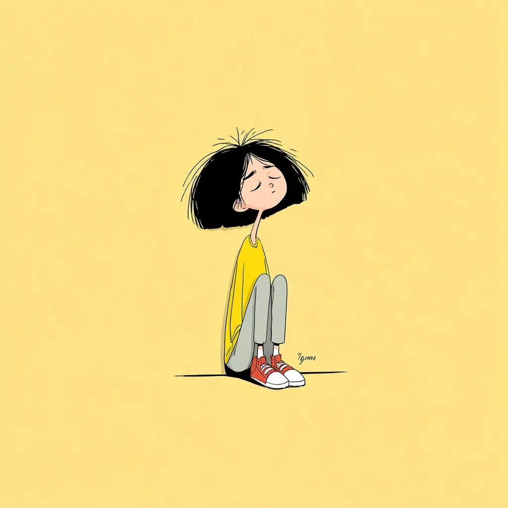 A minimalist illustration depicts a girl with short black hair, wearing a yellow shirt and grey pants, sitting on the floor against a pale yellow wall.  Her eyes are closed, and her posture suggests sadness or contemplation.  She wears red sneakers. The overall style is simple and cartoonish.