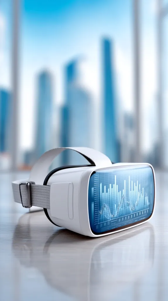 A white virtual reality headset rests on a polished surface.  The headset displays a blue graph, suggesting data visualization or analysis within a virtual environment. The background is a blurred cityscape, implying a futuristic or technologically advanced setting for business or financial applications.  The overall impression is one of modern technology and data-driven insights.