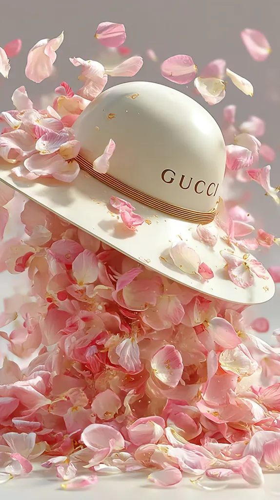 A Gucci hat in off-white sits atop a pile of delicate pink petals, with more petals floating in the air around it. The hat's wide brim is partially submerged in the petals, creating a dreamy, romantic scene. The soft lighting and pastel colors enhance the overall ethereal quality of the image, suggesting a sense of femininity and luxury.