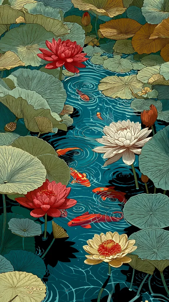 A serene illustration depicts a tranquil pond teeming with vibrant life.  Red and yellow water lilies bloom amidst large, lush green lily pads.  Orange koi fish gracefully swim through the rippling water, creating concentric circles on the surface.  The detailed artwork showcases the beauty of nature's peaceful coexistence.