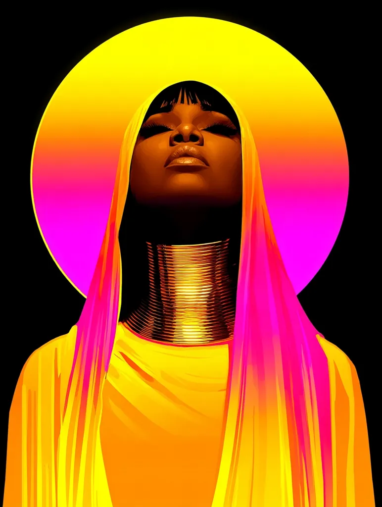 A stylized portrait of a Black woman, her eyes closed serenely.  She wears a vibrant yellow and pink garment that drapes elegantly, framing a large, golden neck ring.  A radiant, yellow-to-pink circular halo surrounds her head, creating a striking contrast against the black background. The image is bold, graphic, and suggestive of power and spirituality.