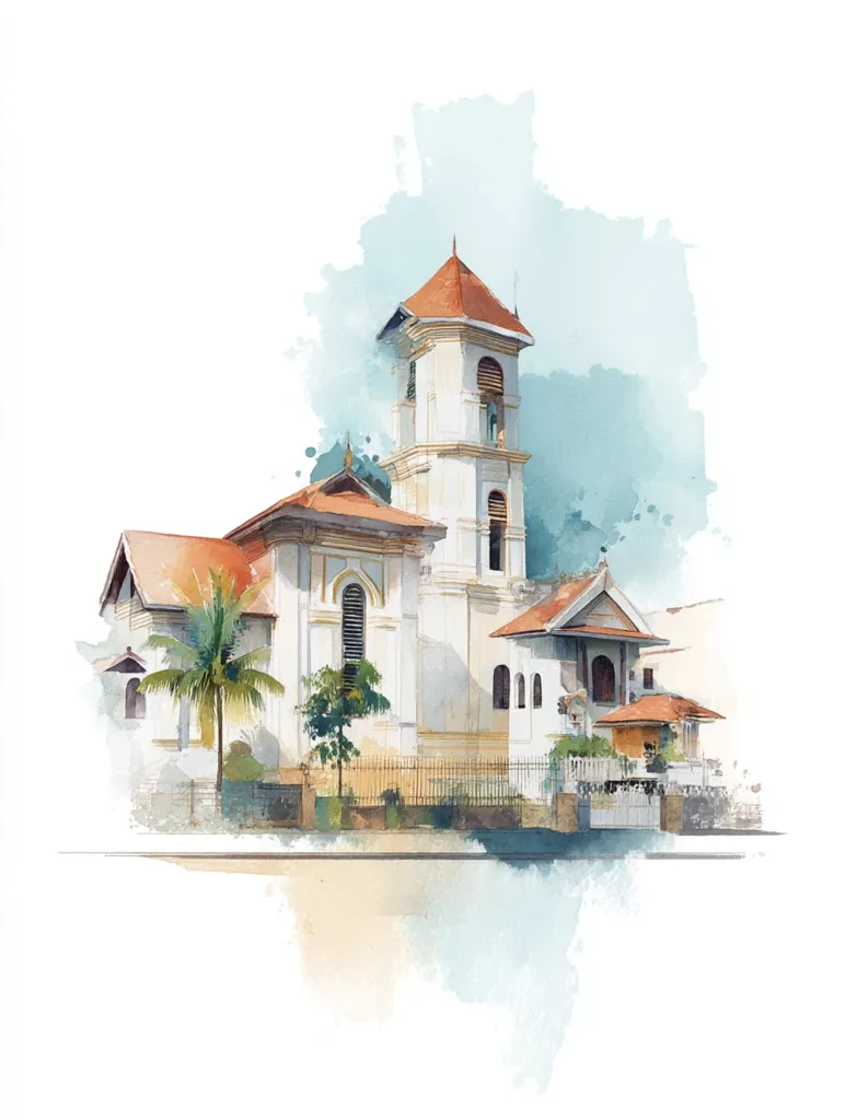A watercolor painting depicts a charming, aged building, possibly a church or historical structure.  The architecture is colonial in style, with a whitewashed facade, terracotta-tiled roofs, and a prominent bell tower.  Lush greenery, including a palm tree, frames the building, adding a tropical touch. The soft watercolor technique creates a dreamy, nostalgic atmosphere.