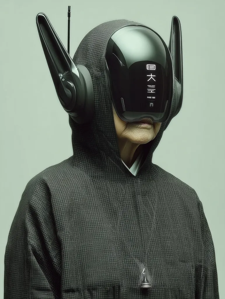 An elderly person wears a futuristic, black helmet with side protrusions and Asian characters displayed. The helmet covers their face, contrasting with their traditional dark grey hooded robe. The overall aesthetic blends modern technology with classical attire, creating a striking visual juxtaposition.  A small, dark pendant hangs from a necklace. The background is a muted, light green.