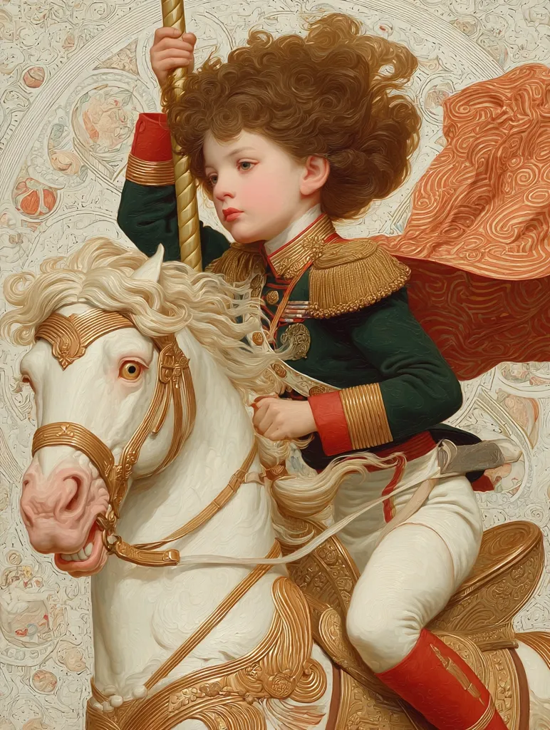 A young boy with curly brown hair, dressed in a miniature military uniform with gold braid and red accents, sits astride a beautifully ornamented white carousel horse. He grips the gold pole of the carousel, his expression serious and regal.  The backdrop features an ornate, swirling pattern, adding to the fantastical, almost dreamlike quality of the scene. The painting is highly detailed and realistic in style.