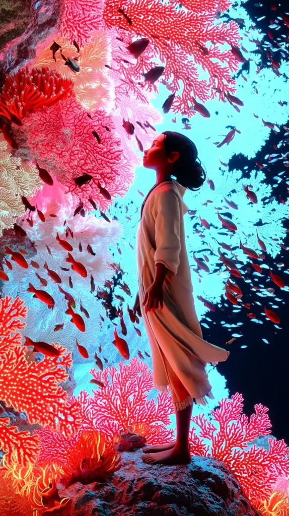 A young woman in a flowing white robe stands amidst a vibrant underwater scene.  She gazes upward, surrounded by luminous coral in shades of pink and red.  Schools of small, colorful fish swim around her, creating a magical and surreal atmosphere.  The scene is bathed in a cool, blue light, contrasting with the warm tones of the coral.