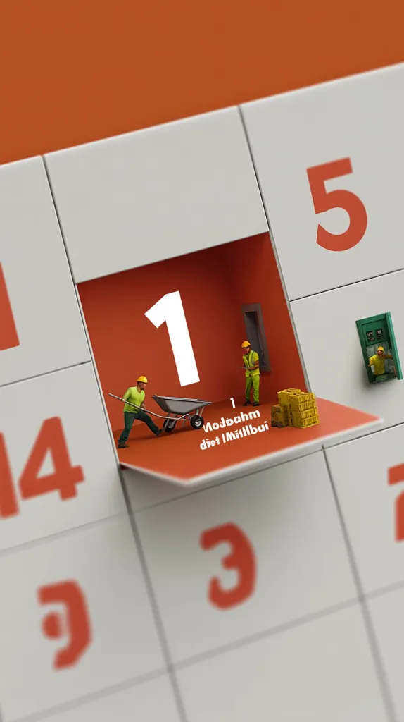 A miniature calendar reveals the first day of the month.  Two tiny construction workers use a wheelbarrow to transport building blocks into a small orange room within the calendar's date square.  The number "1" is prominently displayed, suggesting a new beginning or project launch.  Other calendar dates are visible, emphasizing the context of time and progress. The scene is stylized and whimsical.