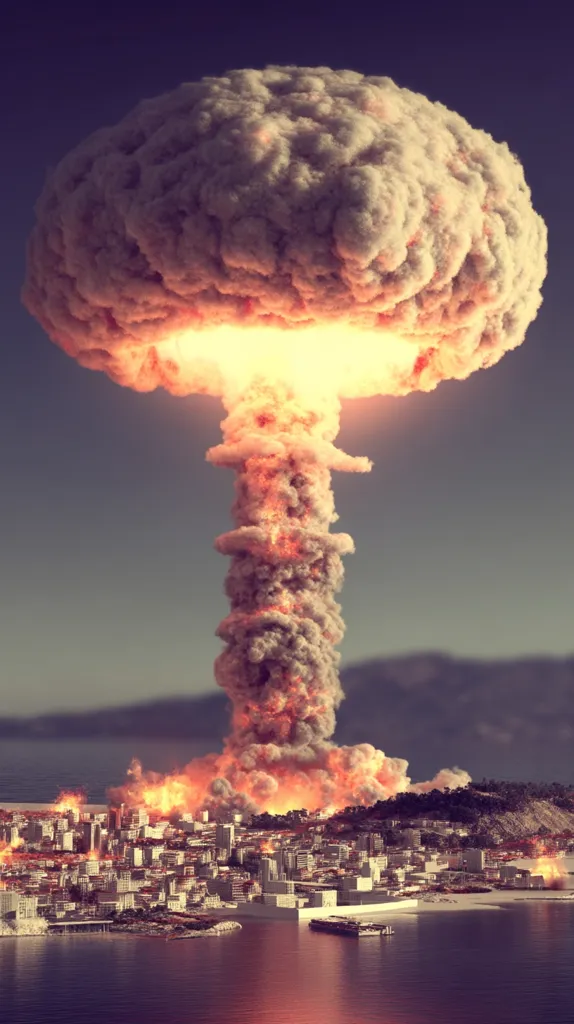 A massive nuclear mushroom cloud dominates the sky, its fiery orange and white glow illuminating a coastal city below.  Buildings are engulfed in flames, suggesting widespread destruction.  The scene depicts the devastating aftermath of a nuclear explosion, showcasing the destructive power of such weapons.  Dark smoke billows upwards, contrasting with the bright explosion. The ocean surrounds the burning city.