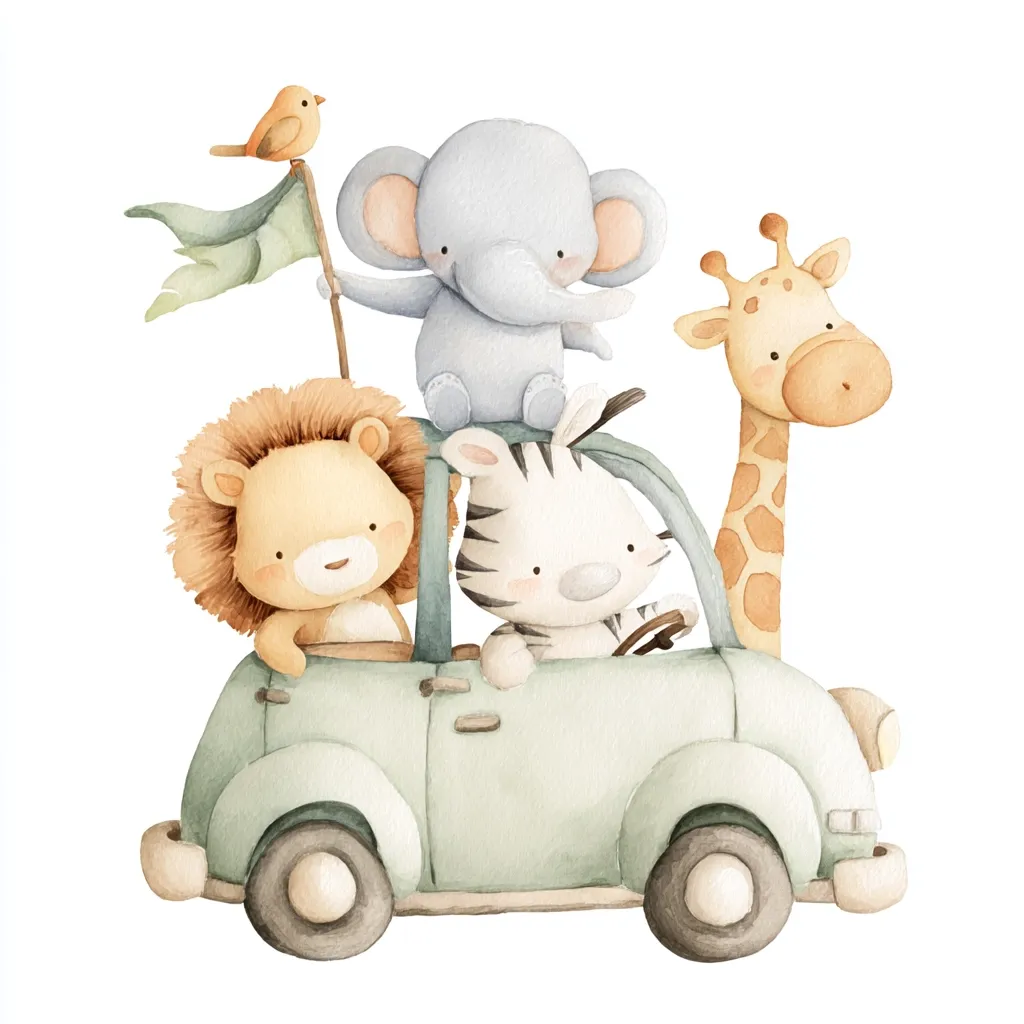 A charming watercolor illustration depicts a light green vintage car filled with adorable safari animals.  A lion sits in the passenger seat, a zebra drives, an elephant sits on the roof, and a giraffe stands beside the car, holding a small flag. A tiny bird perches atop the flag, adding to the whimsical scene.  The style is sweet and perfect for children's decor.