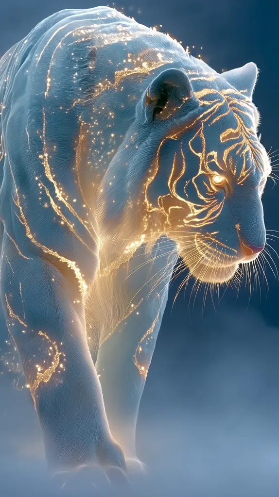 A digital artwork depicts a majestic white tiger, its form subtly outlined with glowing golden lines that resemble energy or starlight. The tiger's fur appears ethereal and translucent, with the golden light emanating from within, creating a mystical and otherworldly effect. It walks through a soft, blue-tinged mist, adding to the dreamlike atmosphere of the image.