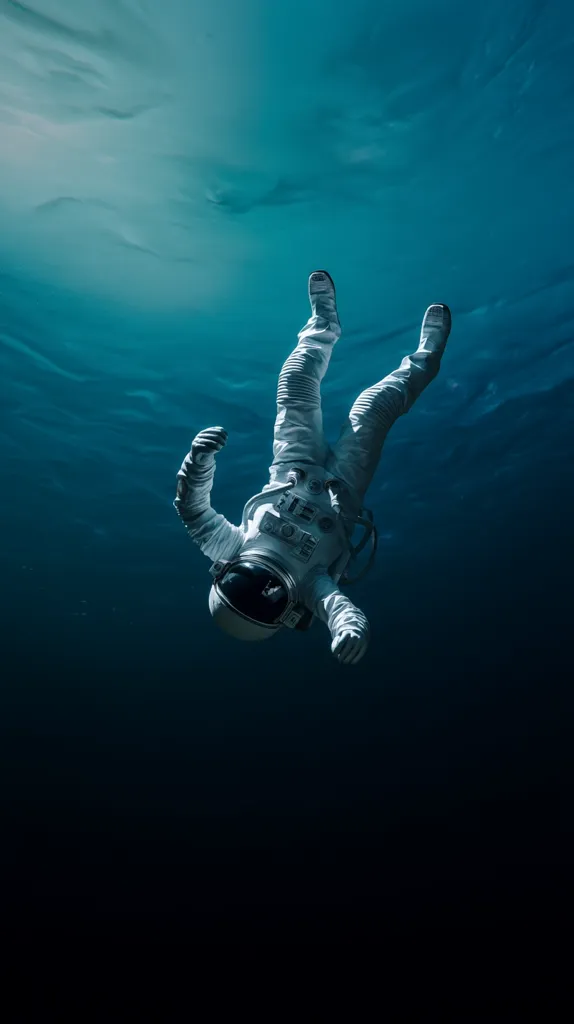 An astronaut, clad in a white spacesuit, floats effortlessly in a deep, dark blue ocean.  The underwater scene is serene, with subtle light filtering from above. The astronaut's posture suggests a sense of weightlessness and perhaps isolation, creating a visually striking and surreal image. The contrast between the spacesuit and the aquatic environment is captivating.