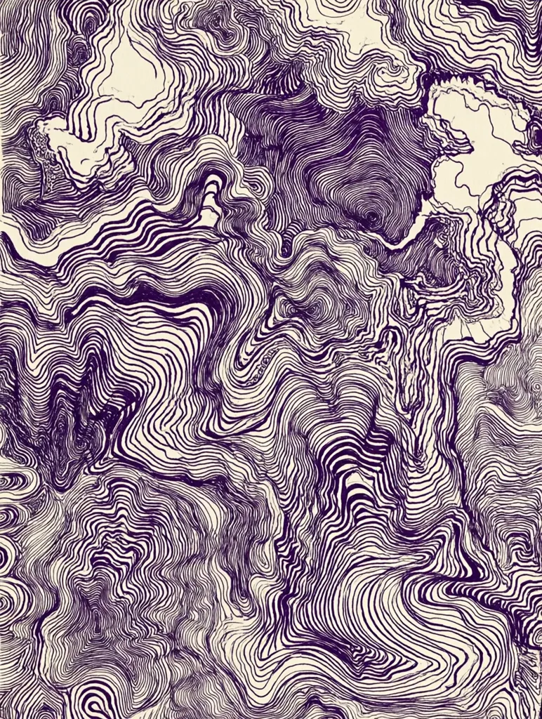 The image is an abstract artwork featuring a complex pattern of swirling, interconnected lines.  The lines are predominantly dark purple against a light beige background, creating a sense of depth and movement. The pattern resembles topographic lines, suggesting a landscape of rolling hills and valleys, though not representing any specific location. The style is reminiscent of both scientific illustration and artistic expression.
