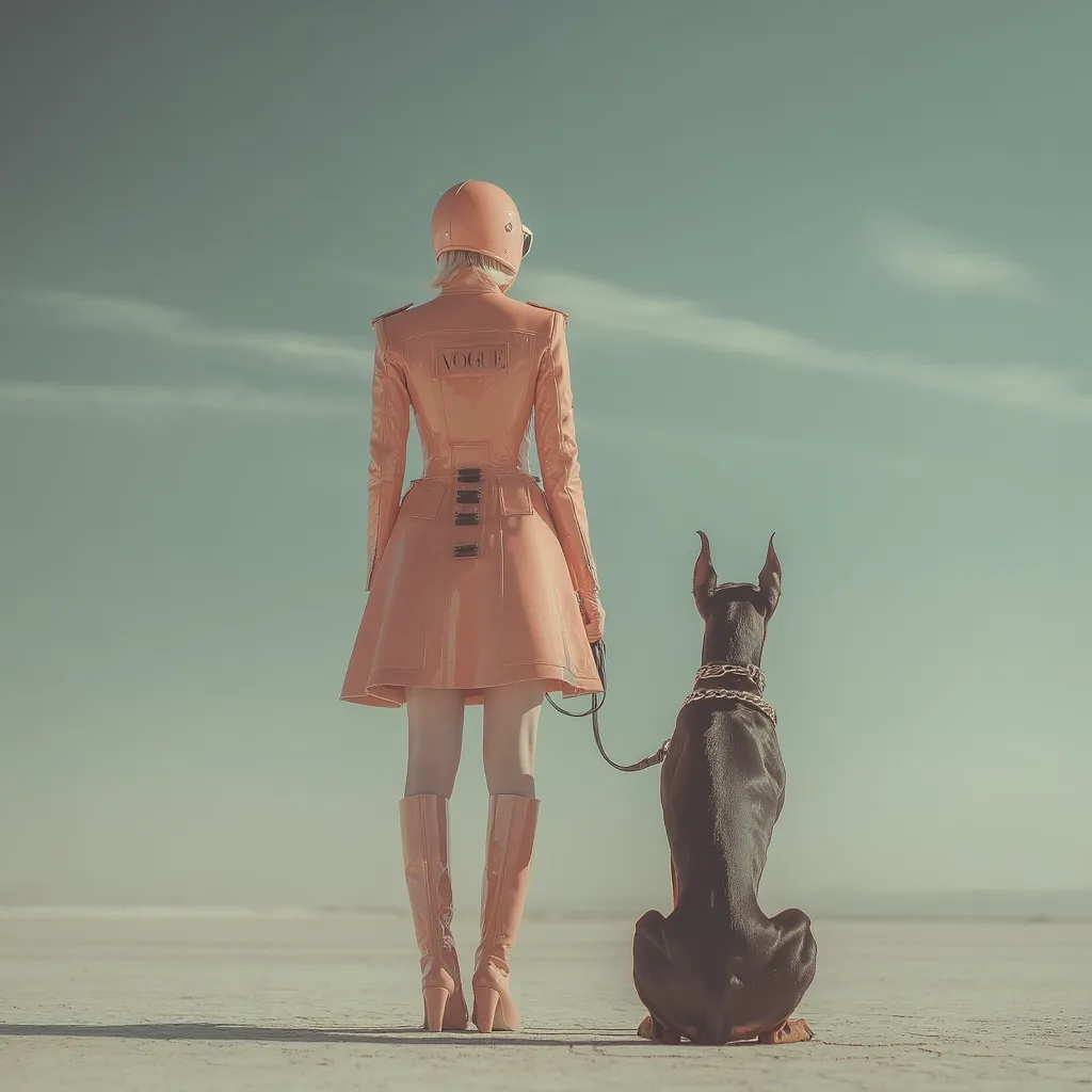 A woman in a peach-colored Vogue-branded coat and helmet stands on a desolate, white expanse with her Doberman Pinscher.  The woman, viewed from behind, holds the dog's leash.  The pastel-toned sky and barren landscape create a surreal and stylish atmosphere.  The overall image evokes a sense of futuristic fashion and solitude.